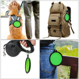 Collage showing a collapsible green dog bowl attached to a dog harness, backpack, leash, and belt loop, highlighting its portability and outdoor use.