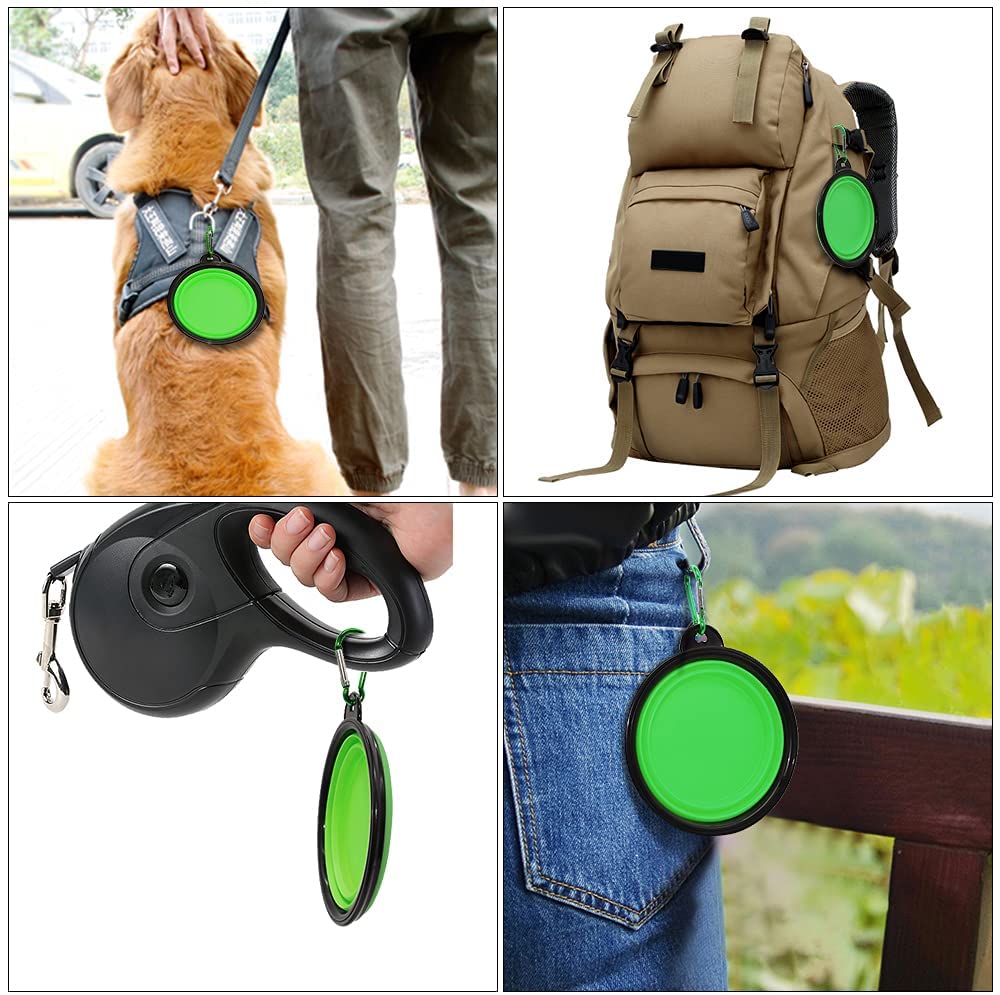 Collage showing a collapsible green dog bowl attached to a dog harness, backpack, leash, and belt loop, highlighting its portability and outdoor use.