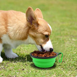 Tan and white corgi eating dry dog food from a bright green collapsible silicone bowl with a black rim and green carabiner on grass.