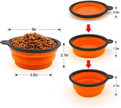 Orange 5" portable and foldable silicone dog bowls stacked and individually displayed