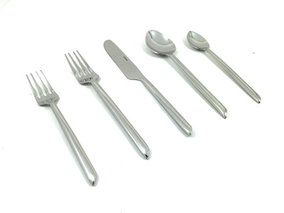 Set of 20 silver flatware pieces including forks, knives, tablespoons, teaspoons, and salad forks with sleek handles
