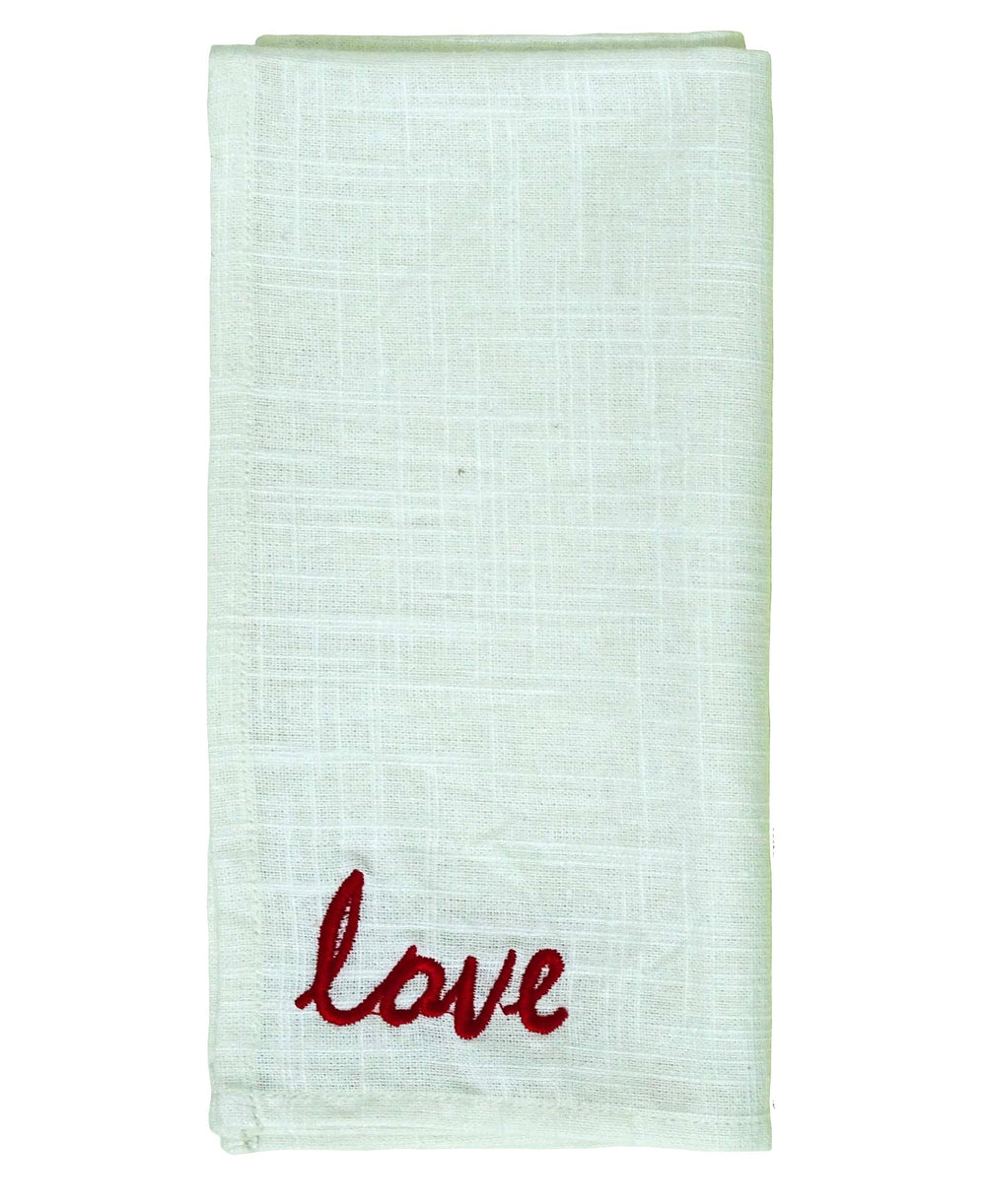 Set of 4 cotton table napkins with red "Love" embroidery at corners