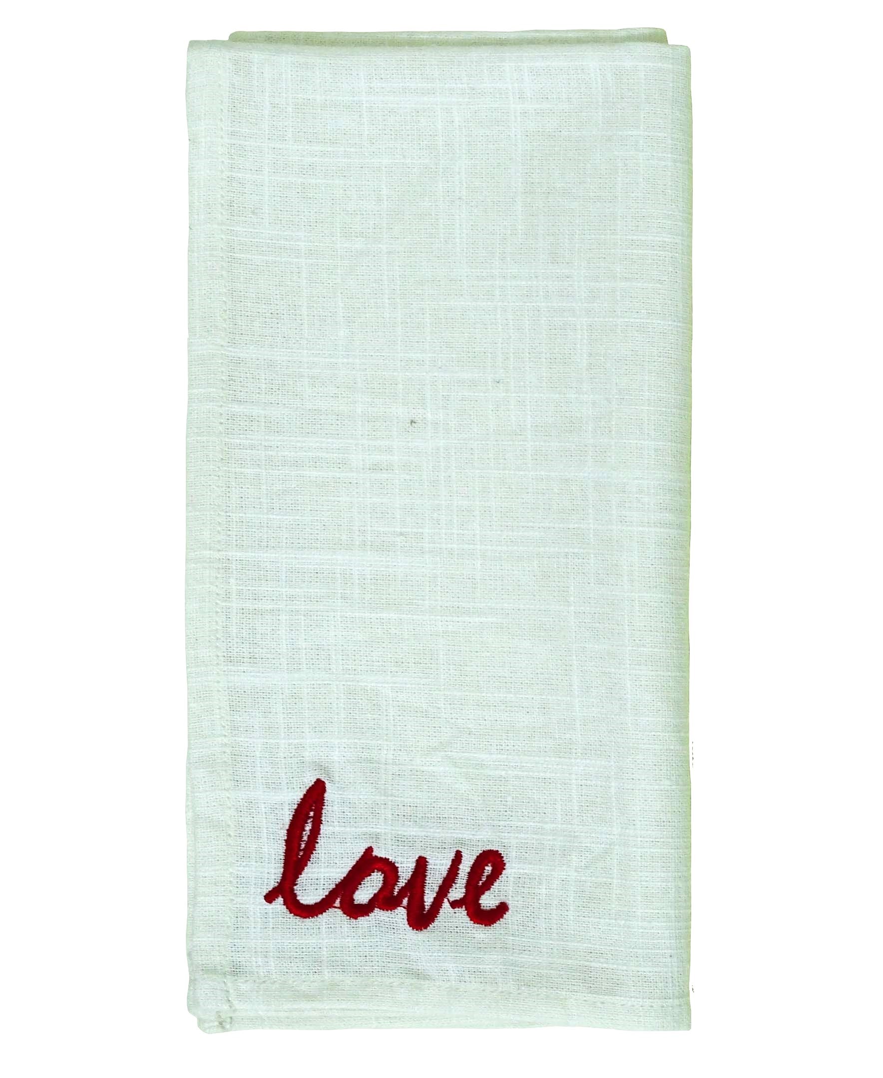 Set of 4 cotton table napkins with red "Love" embroidery at corners