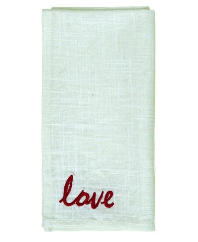 Set of 4 cotton table napkins with red "Love" embroidery at corners
