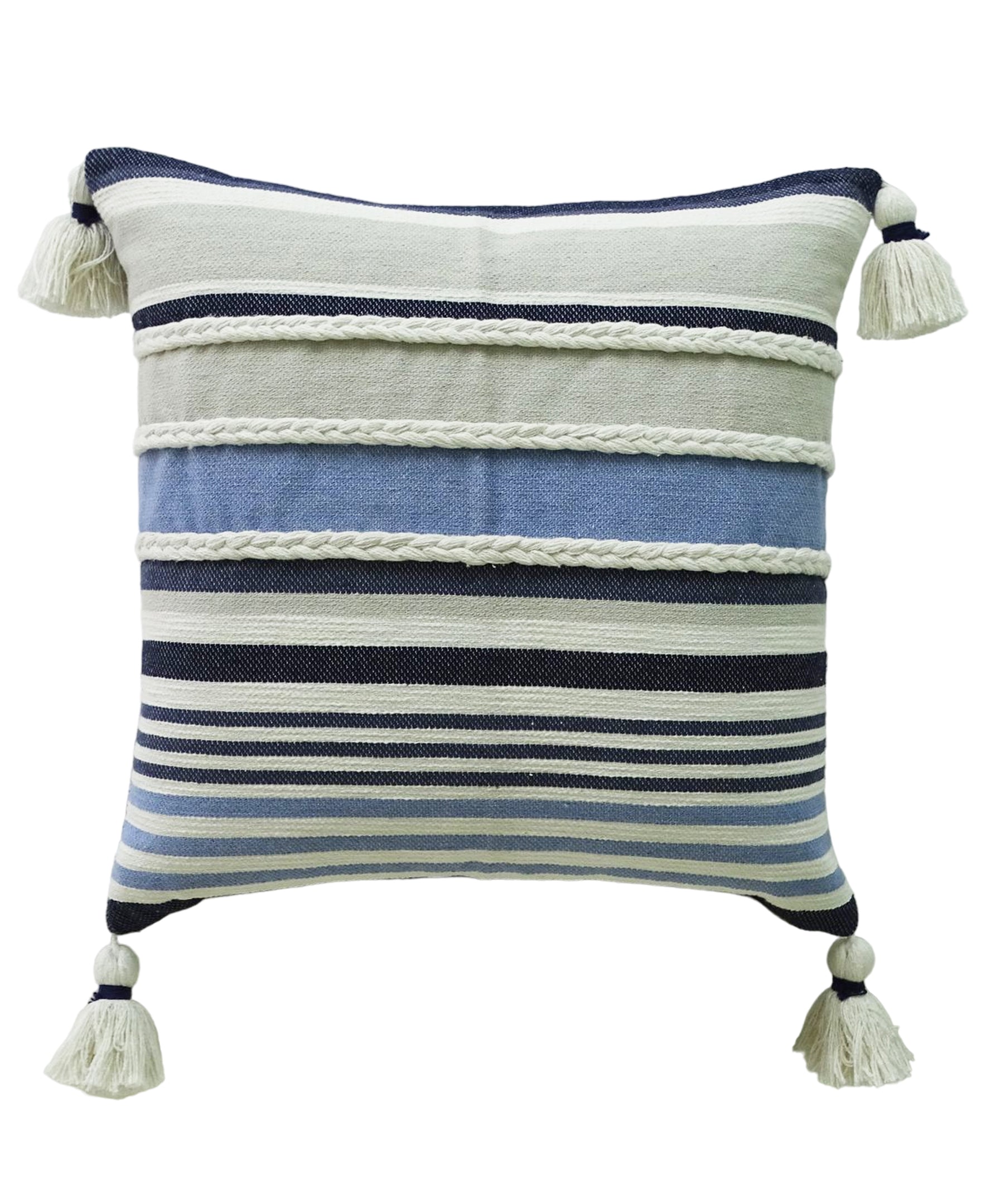 Vibhsa Handwoven Slub Textured Stripe Pillow with braided accents and tassels on a neutral couch