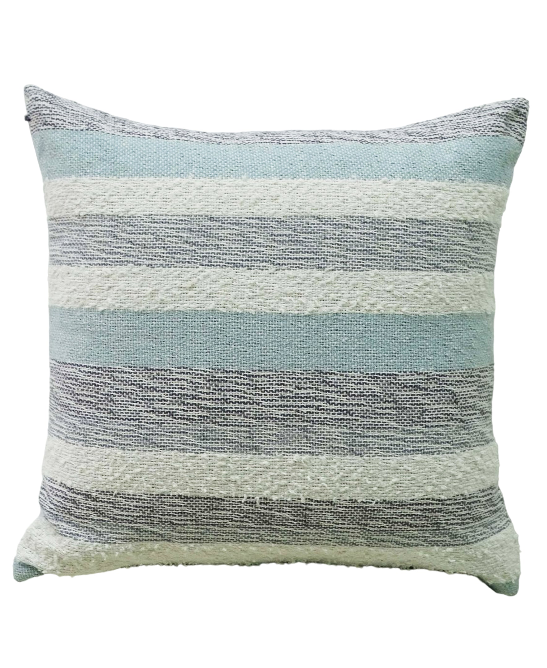 Linden Street Handwoven Textured Stripe Decorative Pillow front and side views showing cotton dobby weave pattern and solid color back