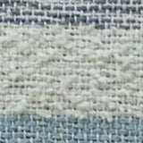 Close-up of woven fabric with textured horizontal stripes in soft white, gray, and muted blue tones, showing detailed interlaced fibers.