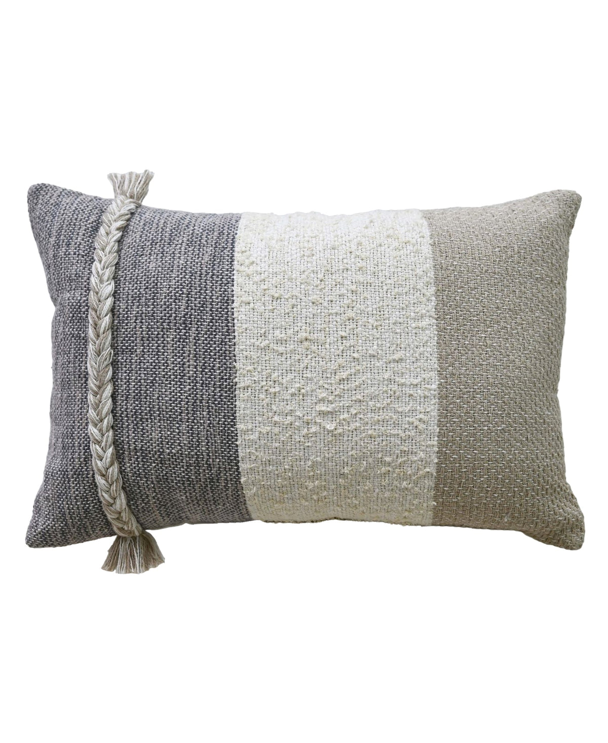 Rectangular handloom woven throw pillow with three vertical textured color blocks in dark gray, off-white, and light beige, featuring a braided tassel on the left side.