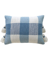 Rectangular decorative pillow with handloom woven textured plaid pattern in light blue, navy, and cream, featuring cream tassels tied with blue bands on both ends.