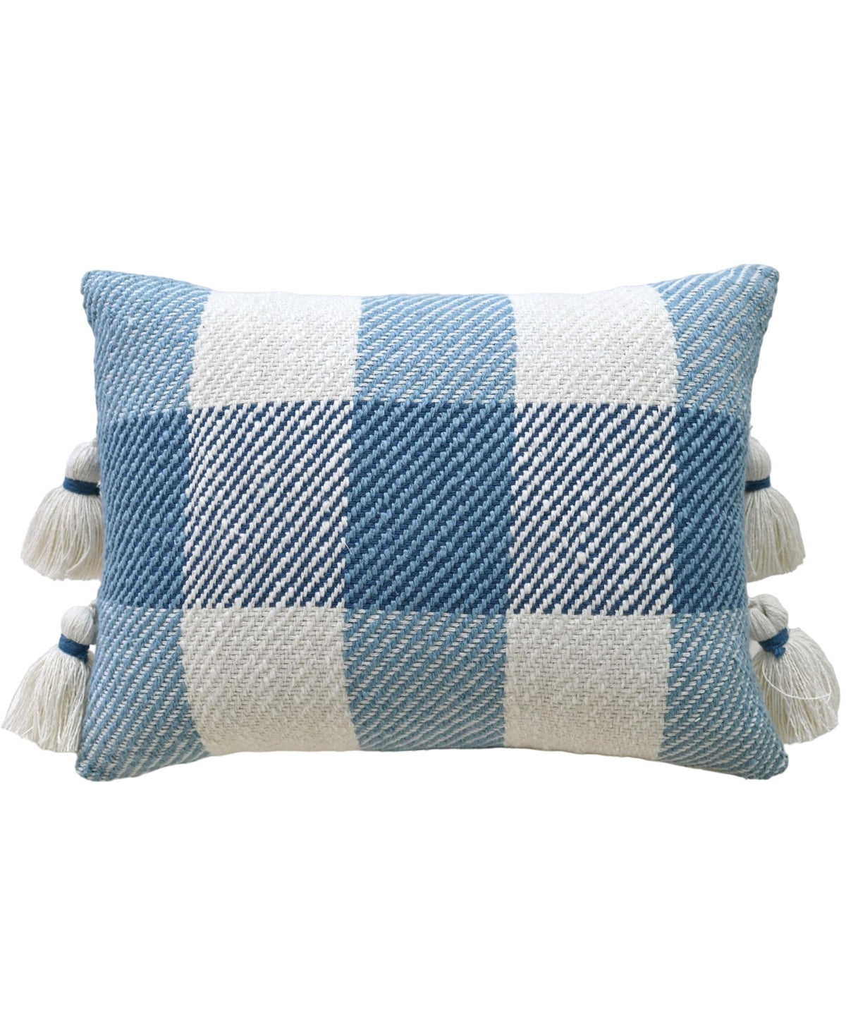 Rectangular decorative pillow with handloom woven textured plaid pattern in light blue, navy, and cream, featuring cream tassels tied with blue bands on both ends.
