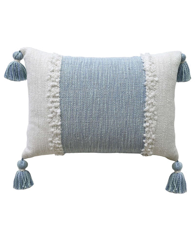 Handloom woven textured decorative pillow with corner tassels on a light background