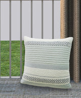 Square handloom woven pillow featuring horizontal stripes in varying shades of light gray and white with textured chevron patterns near top and bottom edges.
