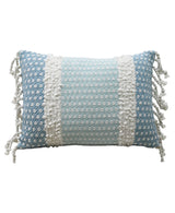 Rectangular decorative pillow with handwoven texture featuring alternating light blue and white vertical stripes and knotted tassel edges on long sides.