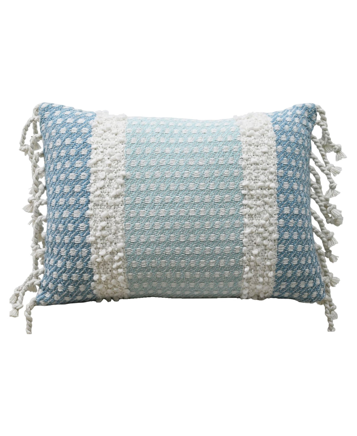 Rectangular decorative pillow with handwoven texture featuring alternating light blue and white vertical stripes and knotted tassel edges on long sides.