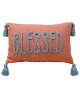 Vibhsa handwoven braid couching decorative pillow with corner tassels in warm beige tones on a white surface