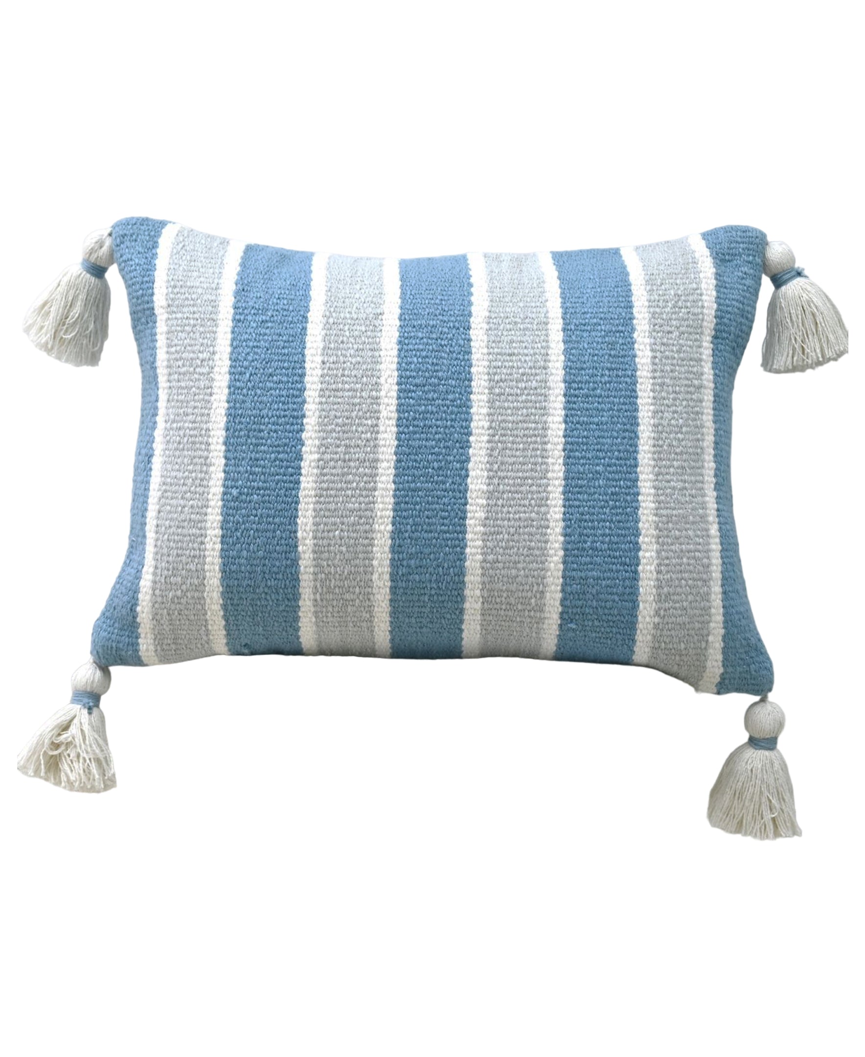 Handwoven Corner Tassels Decorative Pillow by Vibhsa, featuring a soft textured front with tassels at each corner, displayed on a sofa.