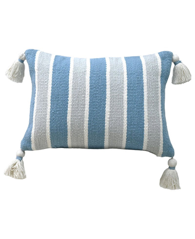 Handwoven Corner Tassels Decorative Pillow by Vibhsa, featuring a soft textured front with tassels at each corner, displayed on a sofa.