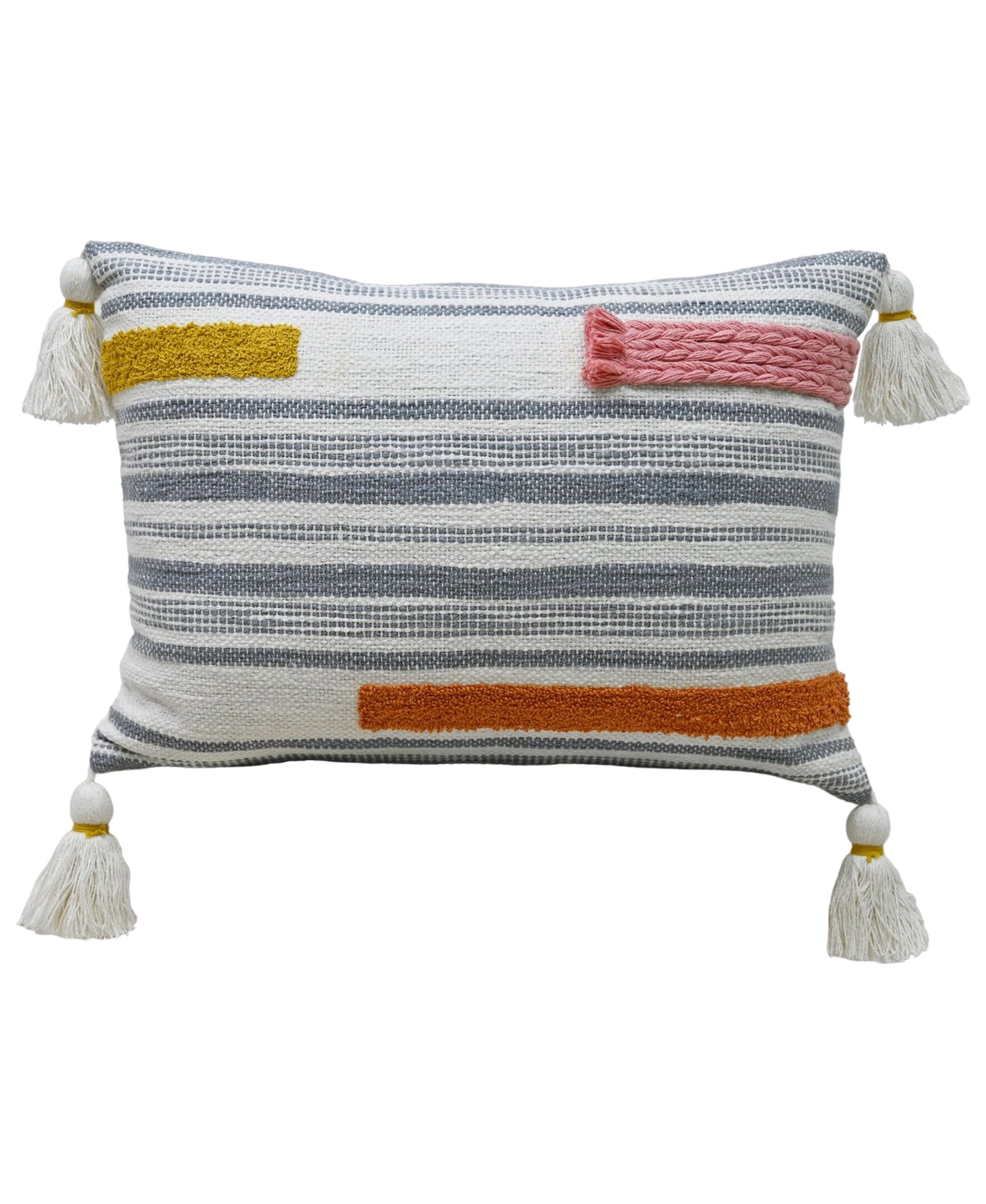 Vibhsa Handwoven Embroidery Braid Couch Decorative Pillow in warm tones placed on a neutral couch