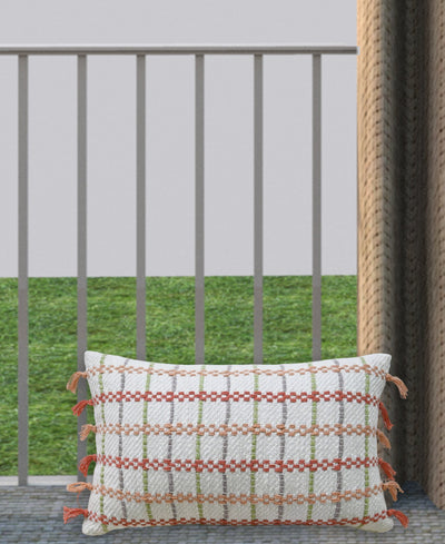 Handwoven knotted edging decorative throw pillow showing multicolor cotton weave detail