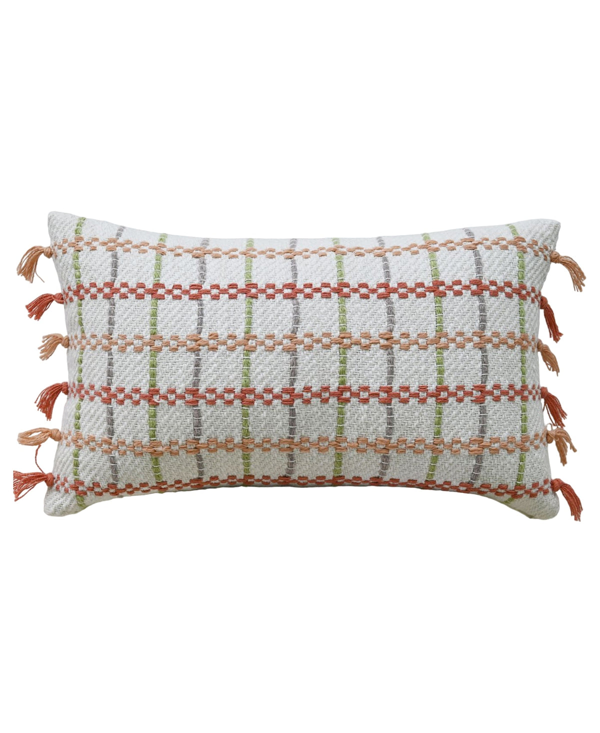 Rectangular decorative throw pillow with white base, featuring horizontal and vertical woven stripes in peach, red, and green, accented with peach tassels on the shorter sides.