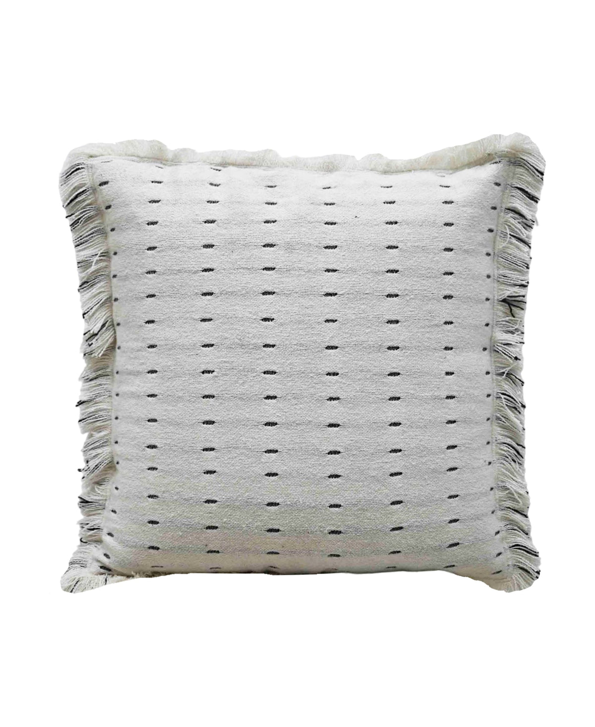 Square white handwoven decorative pillow with small black dash accents and fringe detailing along the edges, measuring 20 by 20 inches.