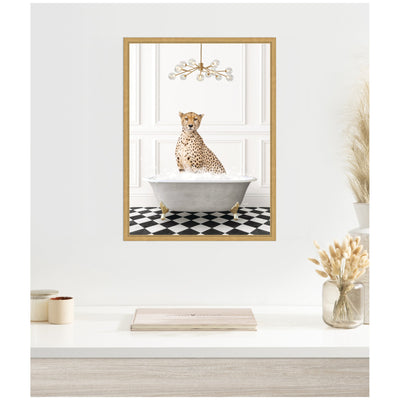 Sylvie Cheetah in Gray Bathtub on Checker Floor Framed Canvas by Amy Peterson