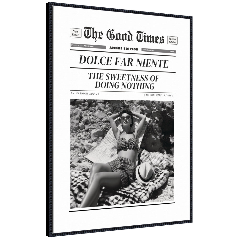 The Good Times Newspaper Dolce Far Niente framed canvas wall art print in a black beaded frame
