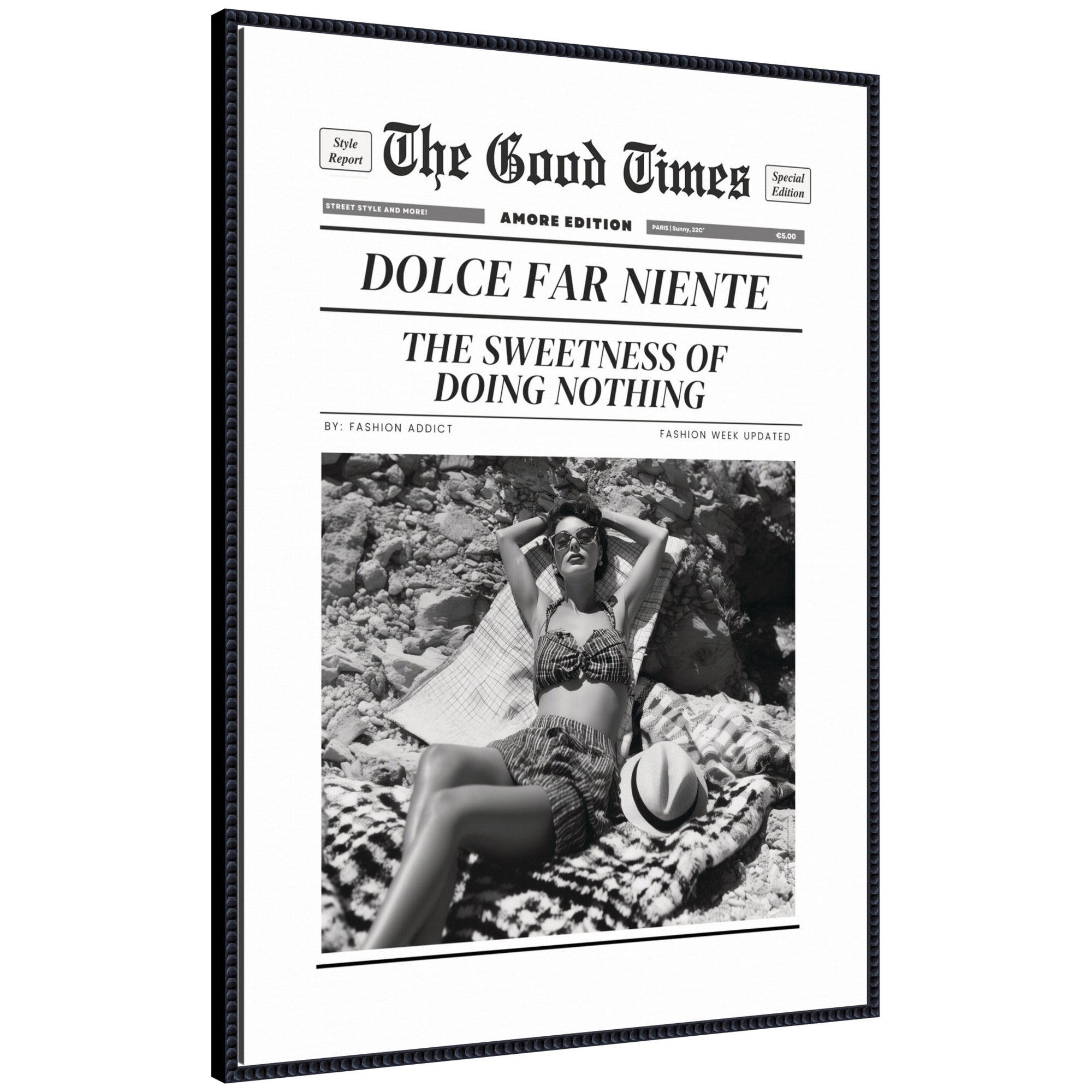 The Good Times Newspaper Dolce Far Niente framed canvas wall art print in a black beaded frame