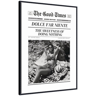 The Good Times Newspaper Dolce Far Niente framed canvas wall art print in a black beaded frame