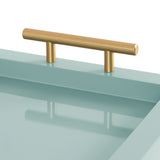 Close-up of a gold metallic cylindrical handle attached to a glossy light teal rectangular tray with raised edges and a smooth finish