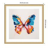 Square framed artwork featuring a brushstroke-style butterfly with vibrant blue, orange, and pink wings on a light background.