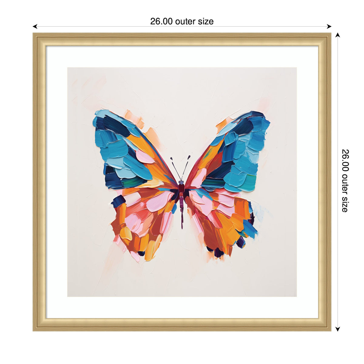 Square framed artwork featuring a brushstroke-style butterfly with vibrant blue, orange, and pink wings on a light background.