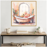Pastel watercolor painting of a pink flamingo resting in a clawfoot bathtub with tropical plants and a large arched window in the background, framed in light wood.