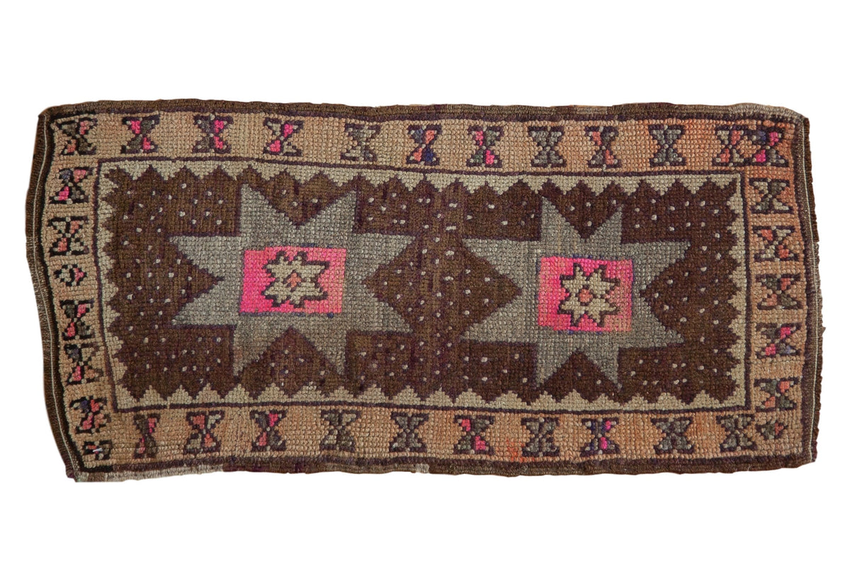 1.5x3 Vintage Distressed Oushak Rug Mat displayed flat showing starburst floral medallion and floral border in chocolate brown, silver, and pale orange shades
