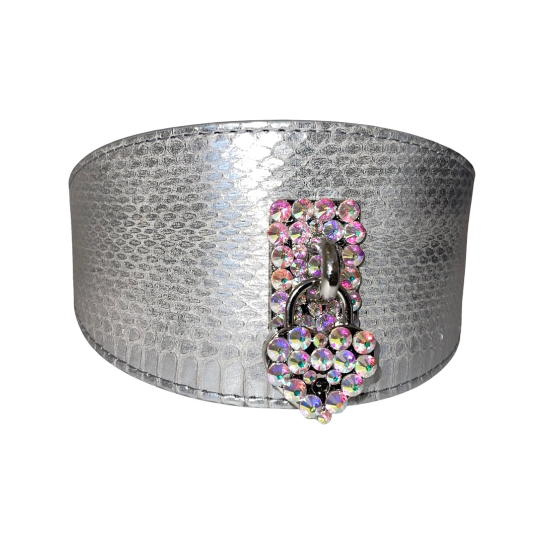 Silver snake collar featuring a Swarovski Heart Locket on a white background