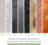 Seven vertical strips showing ceramic, porcelain, slate, grout, granite, sandstone, brick, and saltillo surfaces in varied textures and colors from light beige to dark black and reddish tones.