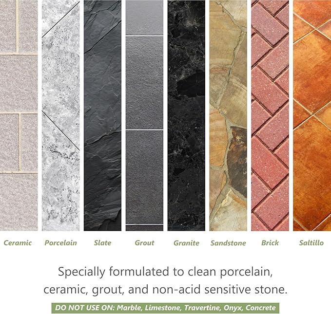 Seven vertical strips showing ceramic, porcelain, slate, grout, granite, sandstone, brick, and saltillo surfaces in varied textures and colors from light beige to dark black and reddish tones.