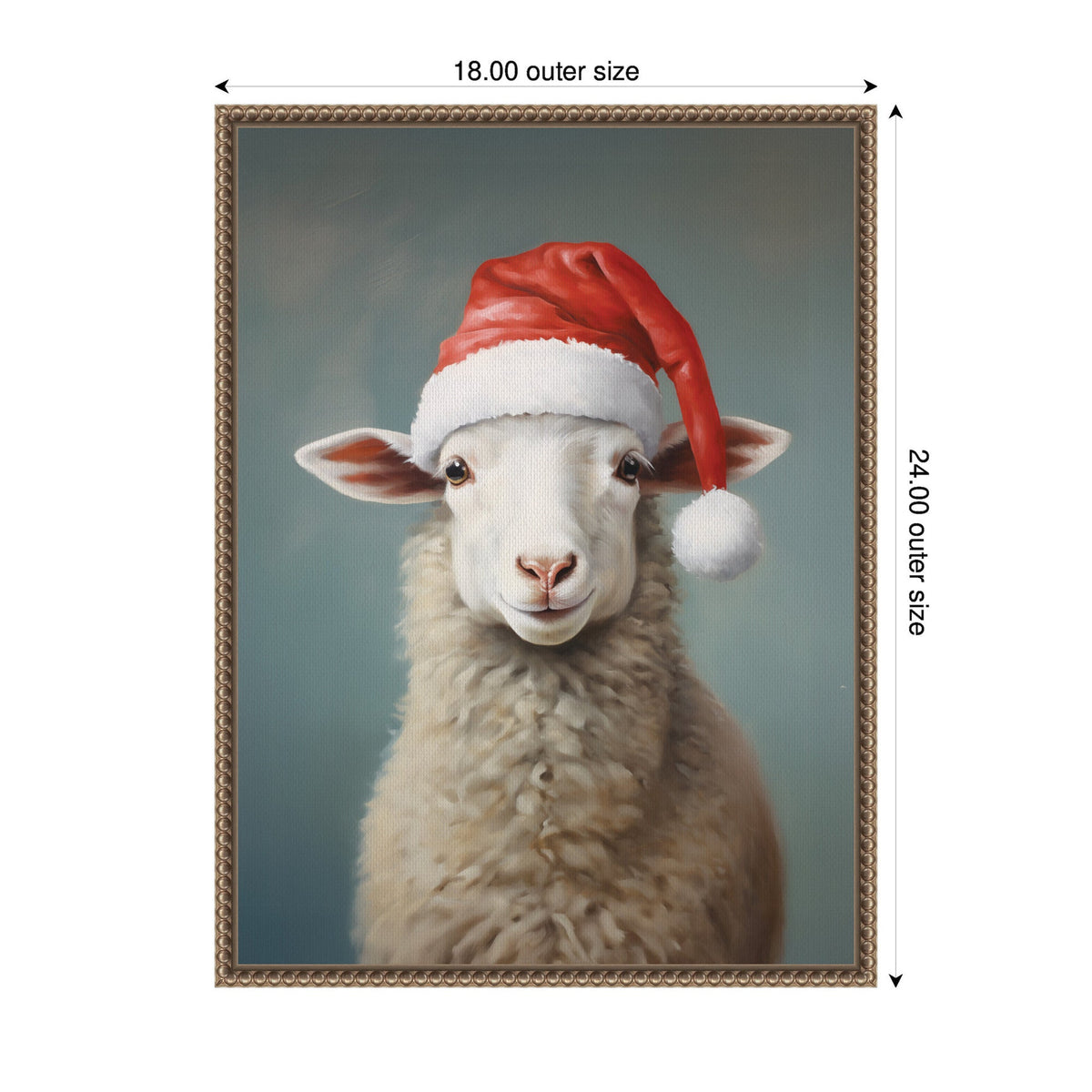 Portrait of a white sheep wearing a red Santa hat with white trim, set against a muted blue-gray background and framed with a gold ornamental border.