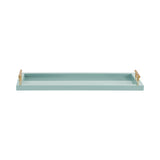 Rectangular pale blue decorative tray with straight edges and brass handles at each end on a white background.