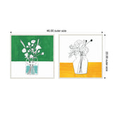 Two framed minimalist floral vase illustrations side by side, left with white flowers on green and white background, right with outlined flowers on orange and white background.