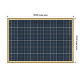 Rectangular fabric pinboard with navy blue plaid pattern framed in light wood, featuring equal grid squares for organized pinning, shown flat from above.