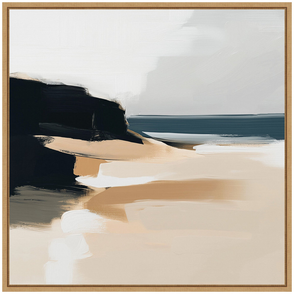 Abstract coastal landscape painting with beige sand, dark cliffs on the left, soft white sky, and deep blue sea horizon, framed in light wood.