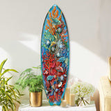 Surfboard shaped birchwood wall art featuring colorful underwater ocean life scene