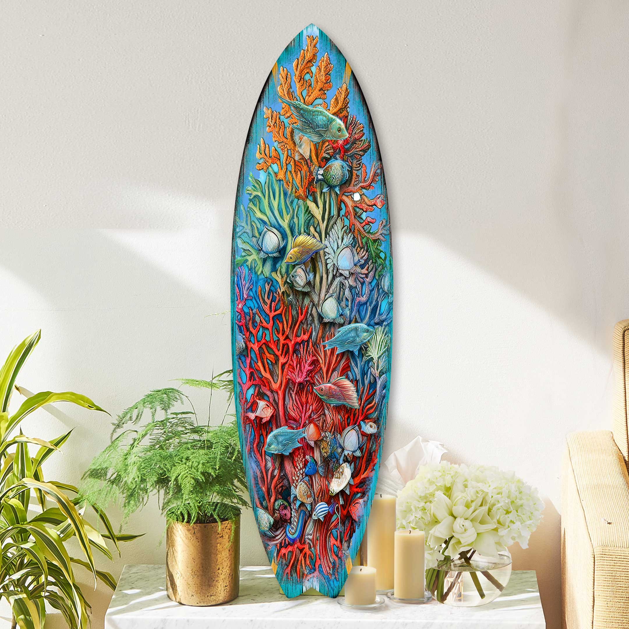 Surfboard shaped birchwood wall art featuring colorful underwater ocean life scene