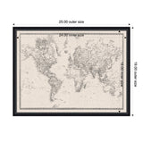 Black-framed fabric pinboard featuring a vintage-style linen world map in black and white with detailed geographic markings and labeled continents.