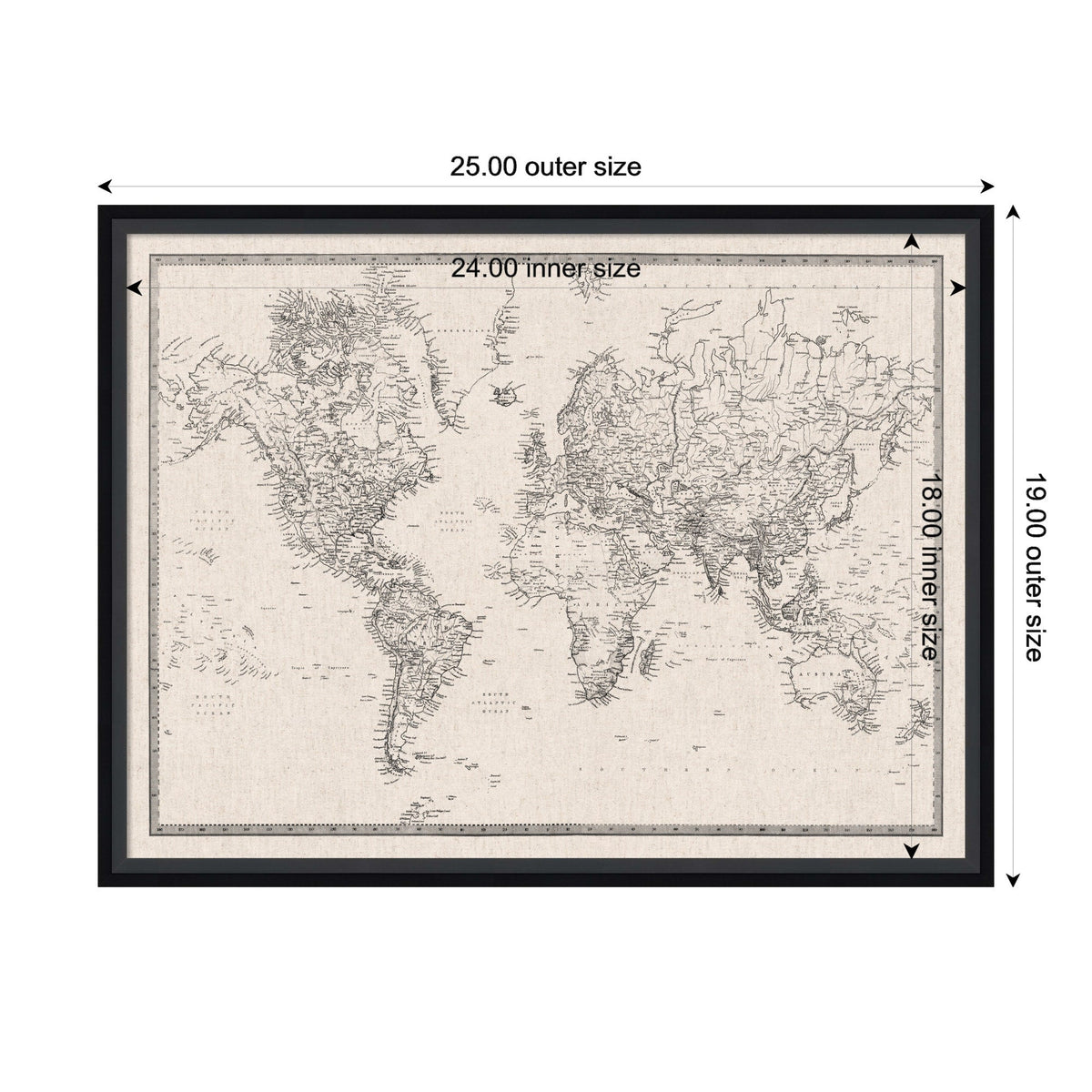 Black-framed fabric pinboard featuring a vintage-style linen world map in black and white with detailed geographic markings and labeled continents.