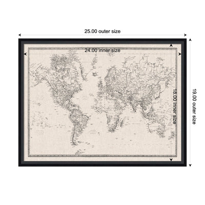 Framed Fabric Pinboard Vintage Black and White Linen World Map Wall Organization