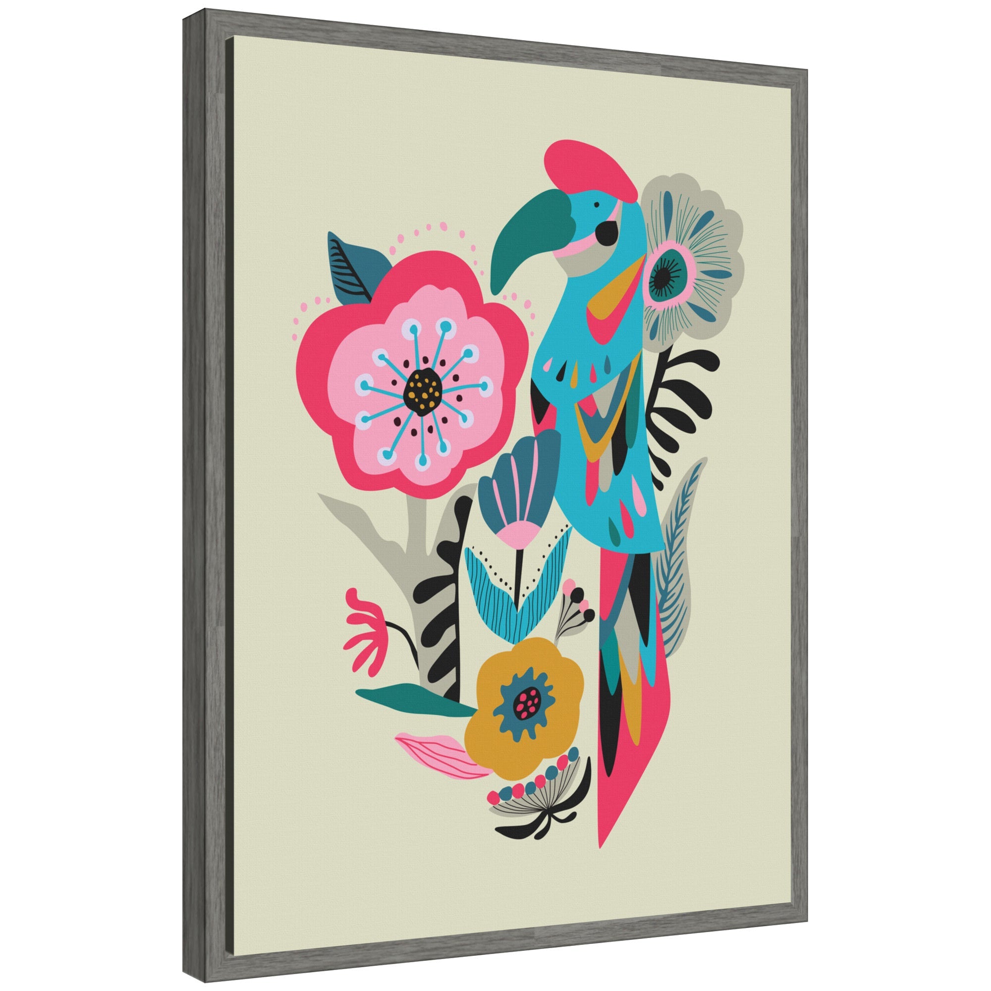 Framed canvas artwork showing bright teal and pink floral forms alongside a colorful parrot on a floating polystyrene frame