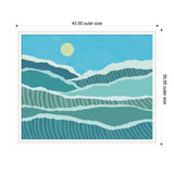 Abstract blue and teal waves with light blue rippling stripes under a pale yellow sun on a bright blue sky in a white frame measuring 43 by 35 units.