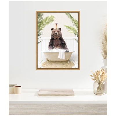 Sylvie Bear and Weasel in Palms Bathtub Framed Canvas by Amy Peterson